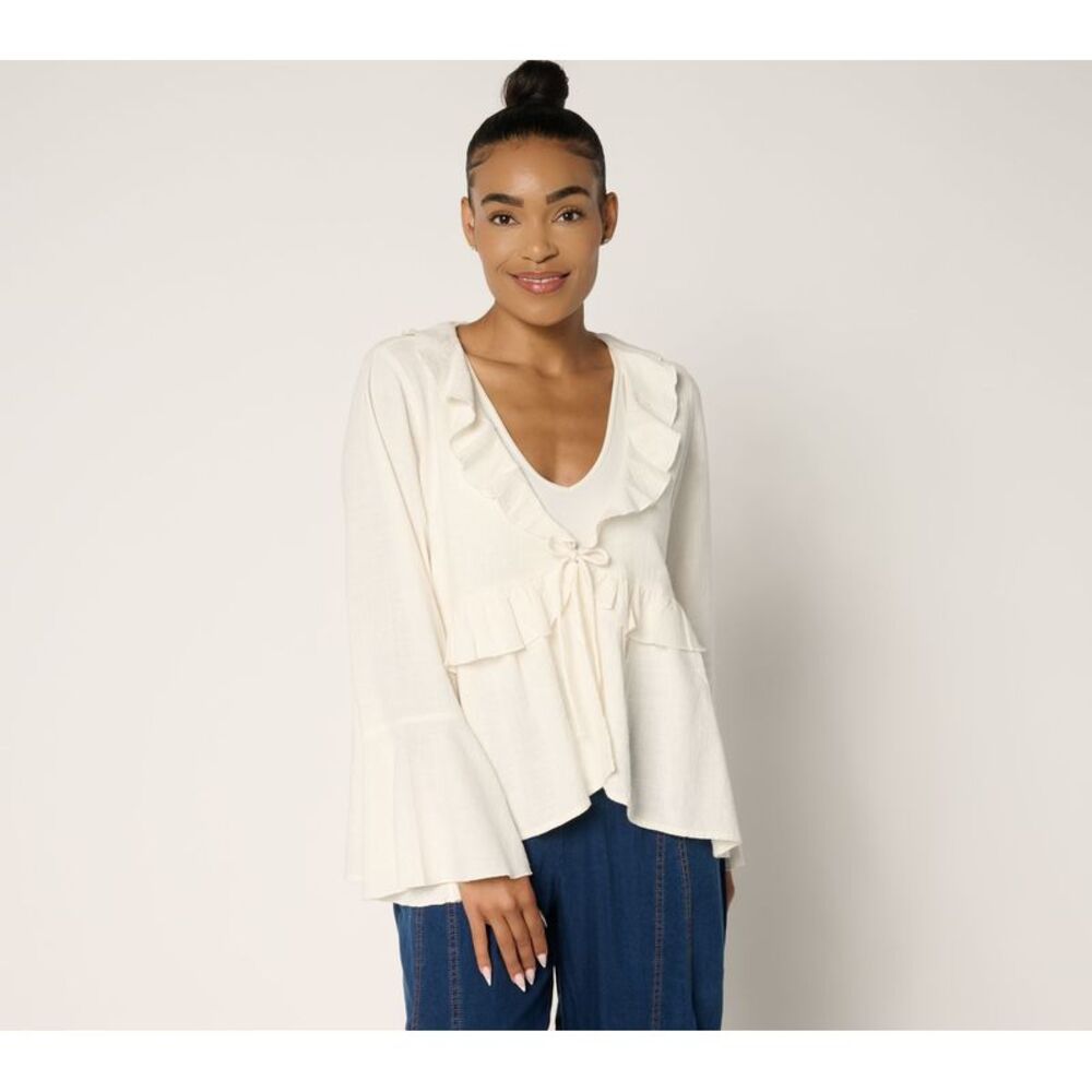 Peace Love World Ivory Ruffle V-Neck Tie Sweater